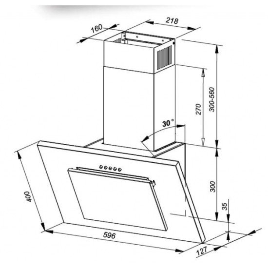 MPM MPM-60-OV-09 falra szerelhető döntött kürtös konyhai elszívó,60cm széles,fekete üveg