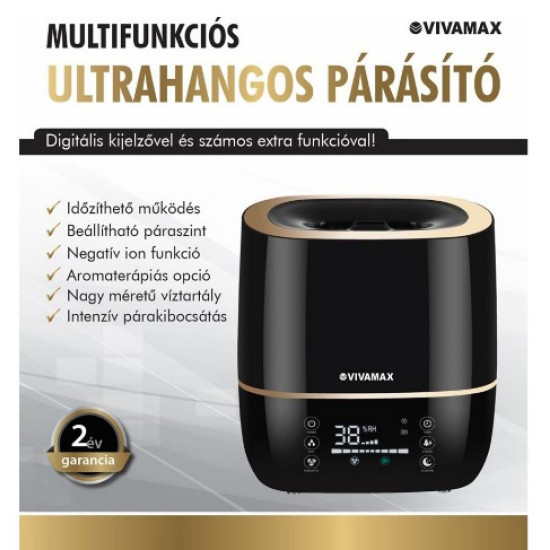 Vivamax GYVH59 multifunkciós ultrahangos párásító 5l-es víztartállyal, fekete/arany szín  