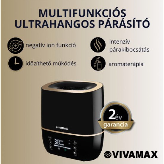 Vivamax GYVH59 multifunkciós ultrahangos párásító 5l-es víztartállyal, fekete/arany szín  