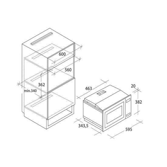 Candy CA20FMW7NG beépíthető mikrohullámú sütő, 20L, 800W, 59.5x34.35x38.2 cm, inox szín 
