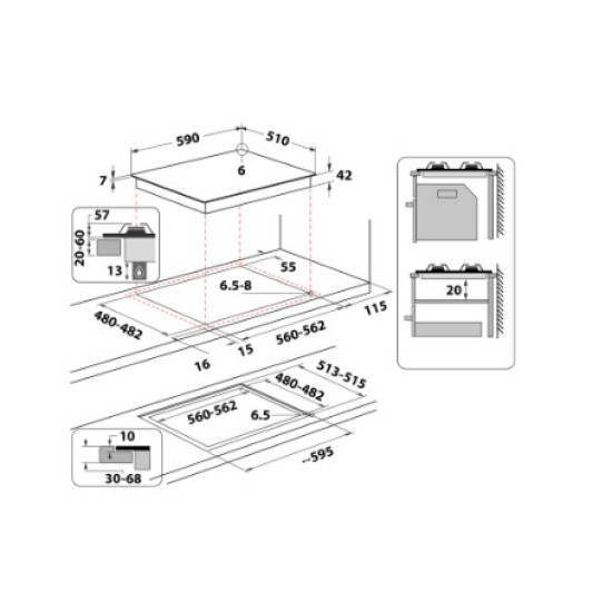 Whirlpool GOFL 629/NB1 beépíthető gáz főzőlap, 59x51x4.9 cm, fekete szín, wok égőfej 