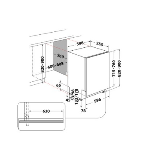 Whirlpool WH7IPC15BM60 teljesen beépíthető mosogatógép, 3 kosár, automatikus ajtónyitás, 15 teríték, 59.8x55.5x82 cm
