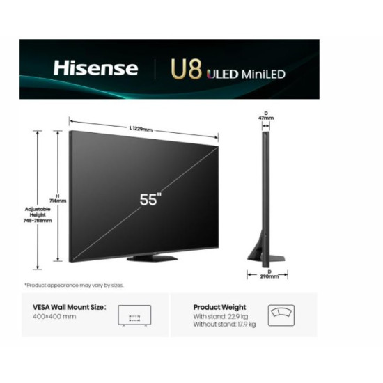 Hisense 55U8Q 4K UHD Smart MINI ULED TV, 55", 139.7 cm