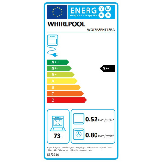 Whirlpool WOI7P8FHT1SBA beépíthető sütő, 73L, 6. Érzék technológia előre beállított receptek, 59.5x56.4x59.7 cm, fekete szín 