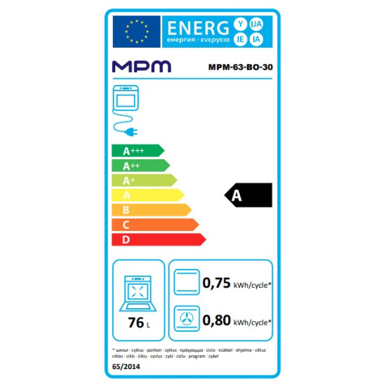 MPM MPM-63-BO-30 beépíthető sütő, 76L, 59.5x56.5x59.5 cm, fekete szín