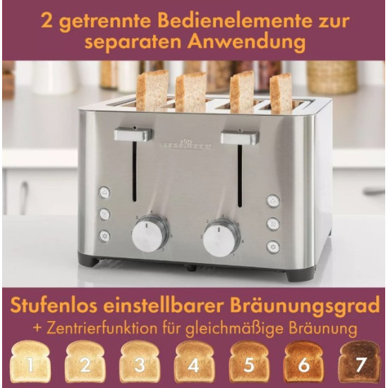 Proficook PC-TA 1252 kenyérpirító, 4 szeletes, 1500W, inox, retro design, kiolvasztás, melegítő funkcióval