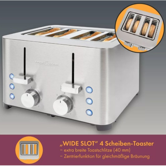 Proficook PC-TA 1252 kenyérpirító, 4 szeletes, 1500W, inox, retro design, kiolvasztás, melegítő funkcióval