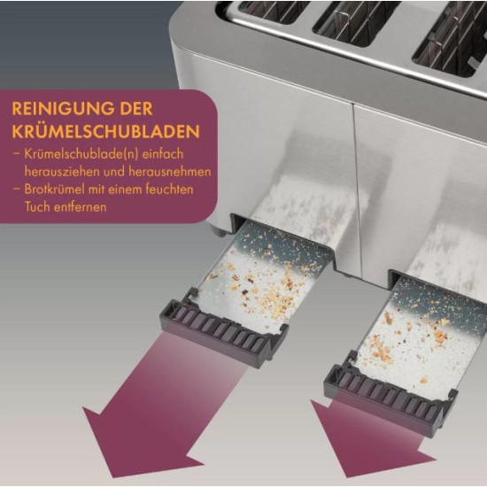 Proficook PC-TA 1252 kenyérpirító, 4 szeletes, 1500W, inox, retro design, kiolvasztás, melegítő funkcióval