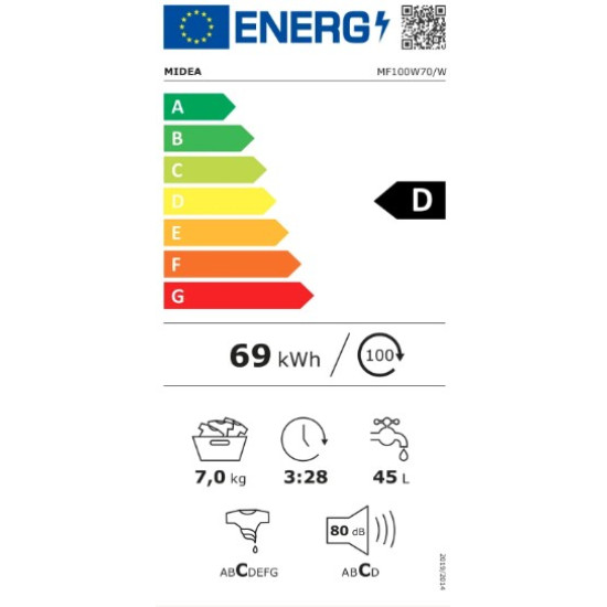 Midea MF100W70W/-HU elöltöltős mosógép 7kg, 1400 fordulat inverter motor  59.5x49.5x85 cm