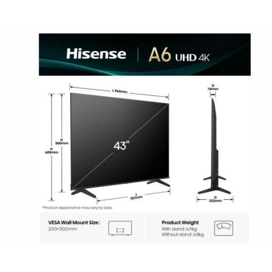 Hisense 43A6Q UHD Smart LED TV, 43", 109.22 cm