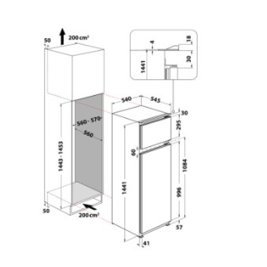 Whirlpool ART 3802 beépíthető felülfagyasztós kombinált hűtőszekrény, 178/40L, Zen Inverter Kompresszor, 54x54.5x144.1 cm, acél szín 