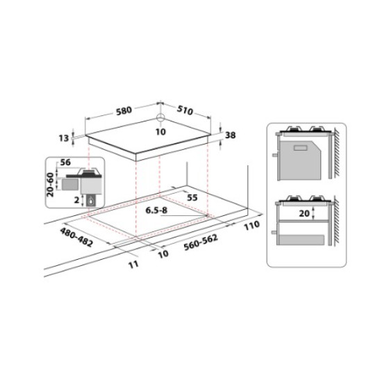 Whirlpool TGML 651 IX beépíthető gáz főzőlap, 58x51x5.6 cm, wok égőfej, inox szín 
