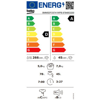 Beko BMM5DFO5741WPB mosó-szárítógép, 7/5 kg, inverter motor, 60x52x84.7 cm