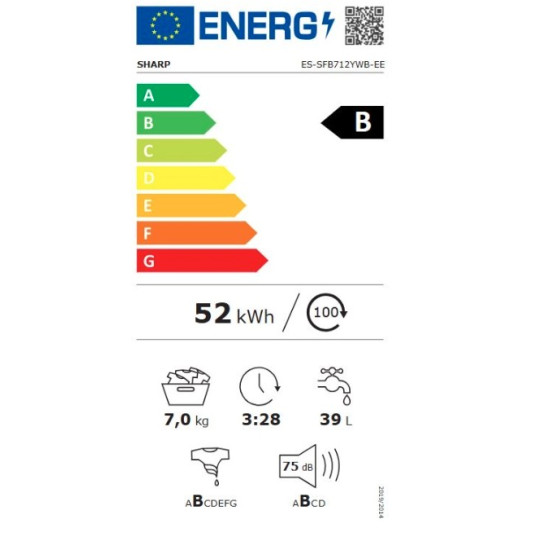 Sharp ES-SFB712YWB-EE elöltöltős mosógép, 7 kg,gőz,inverter motor, 59.7x41.6x84.5 cm 