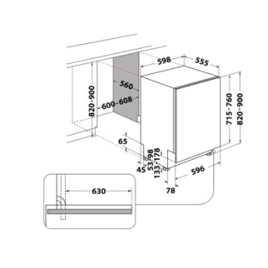 Whirlpool W7I HT58 T teljesen beépíthető mosogatógép, 3 kosár, automatikus ajtónyitás, 15 teríték, 59.8x55.5x82 cm