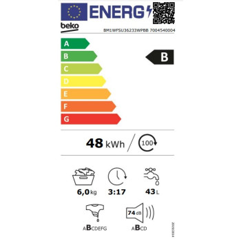 Beko BM1WFSU36223WPBB elöltöltős mosógép, inverter motor, gőz, 60x44.6x84.5 cm