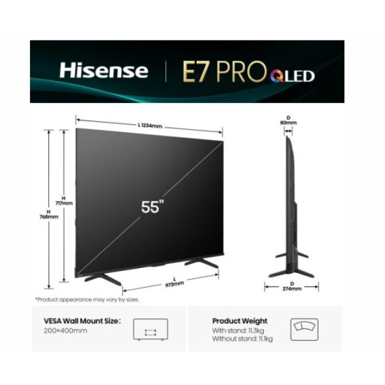 Hisense 55E7Q PRO 4K UHD Smart QLED TV, 55", 139.7 cm 