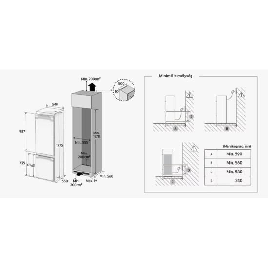 Samsung BRB70F26CEF0EO No Frost beépíthető alulfagyasztós kombinált hűtőszekrény, WIFI, 193/74L, 54x55x177.5 cm 