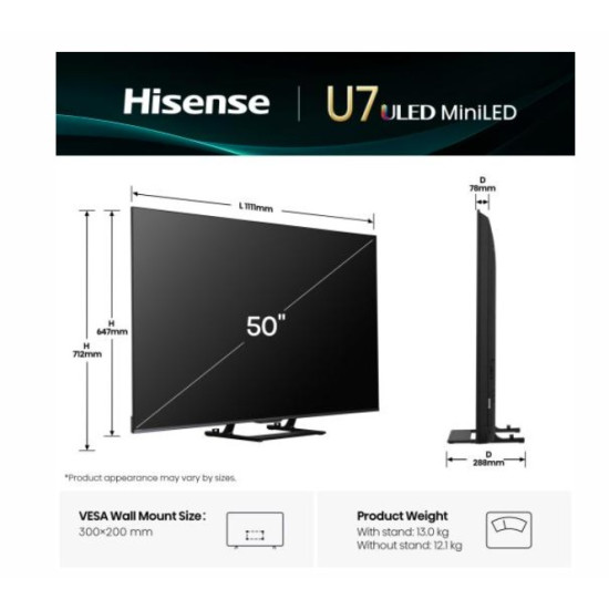 Hisense 50U7Q 4K UHD Smart MINI ULED TV, 50", 127 cm