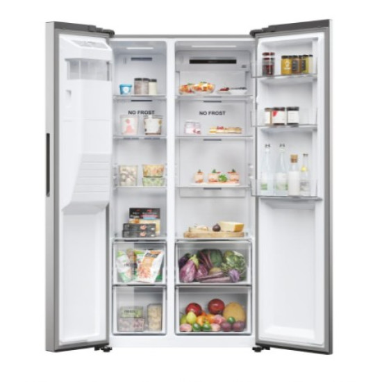 Haier HSR3918EIMP No Frost side by side hűtőszekrény, 337/178L, Dual Inverter Kompresszor, 90.8x65.9x177.5 cm, platina inox szín 