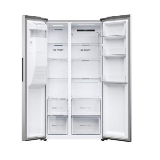 Haier HSR3918EIMP No Frost side by side hűtőszekrény, 337/178L, Dual Inverter Kompresszor, 90.8x65.9x177.5 cm, platina inox szín 