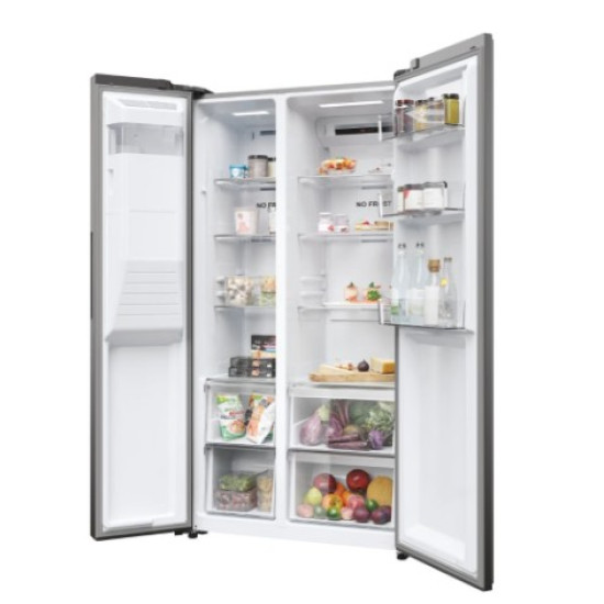 Haier HSR3918EIMP No Frost side by side hűtőszekrény, 337/178L, Dual Inverter Kompresszor, 90.8x65.9x177.5 cm, platina inox szín 