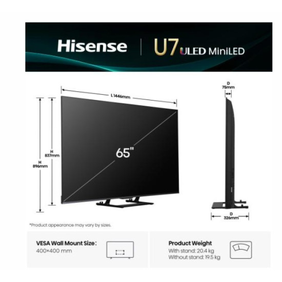 Hisense 65U7Q 4K UHD ULED MiniLED Smart AI TV, 65", 165.1 cm