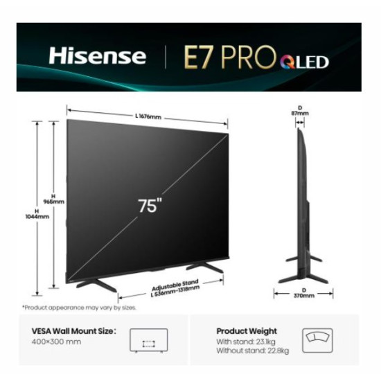 Hisense 75E7QPRO 4K UHD Smart QLED TV, 75", 190.5 cm 