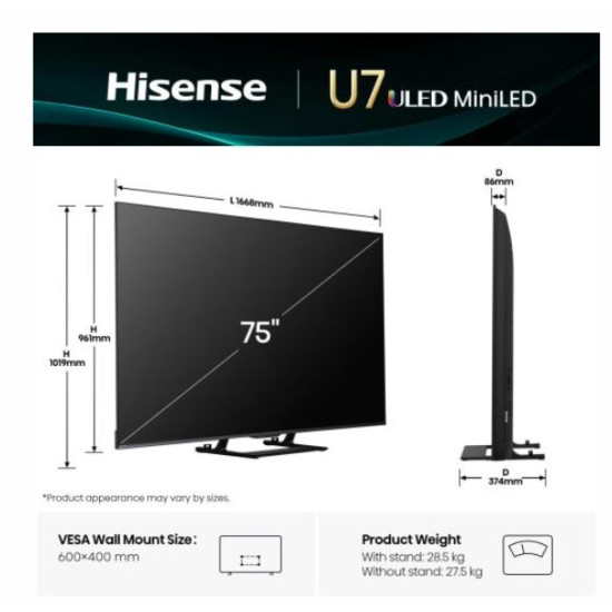 Hisense 75U7Q 4K UHD ULED MiniLED Smart AI TV, 75", 190.5 cm