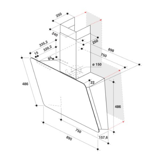 Whirlpool WHVS 93F LT BSS/1 beépíthető falra szerelhető döntött kürtös konyhai elszívó, 89.5x36.5x147.5 cm, fekete szín 