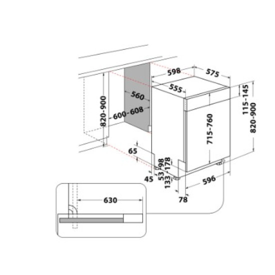 Whirlpool WH7PA15AM60 beépíthető kezelőpaneles mosogatógép, 15 teríték, automatikus ajtónyitás, 59.8x55.5x82 cm, inox szín 