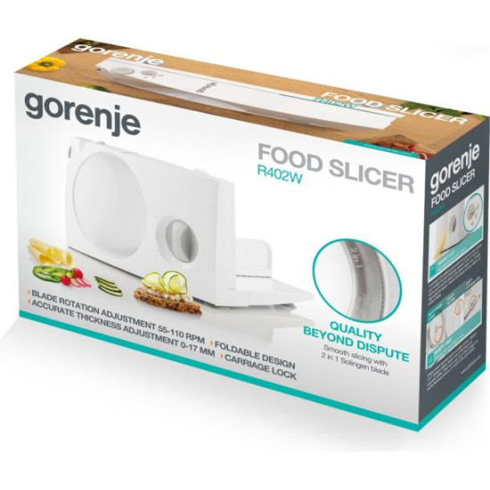 Gorenje R402W szeletelőgép, Solingen recés rozsdamentes acél pengével, 100W, fehér szín 