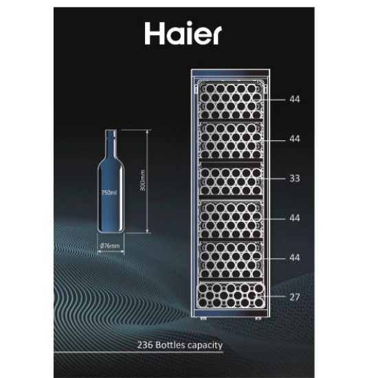 Haier HWS236GDEH1 borhűtő, 236 palack, Wifi+Bluetooth, 59.7x71.4x190 cm, fekete szín 