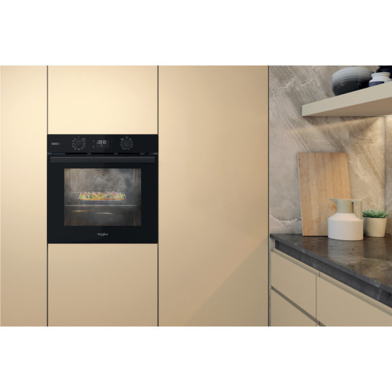 Whirlpool OMSR58RU1SB beépíthető sütő, 71L, pirolitikus és hidrolitikus tisztítás, Cook 3 funkció, 59.5x55.1x59.5 cm, fekete szín 