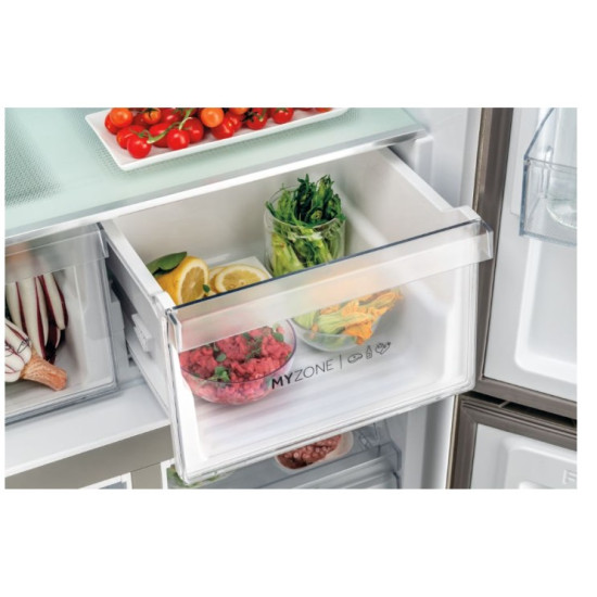 Haier HCR5919ENMM No Frost side by side hűtőszekrény, francia ajtós kialakítással, 422/221L, Dual Inverter Kompresszor, 90x874.8x190.5 cm, New Platinum inox szín 