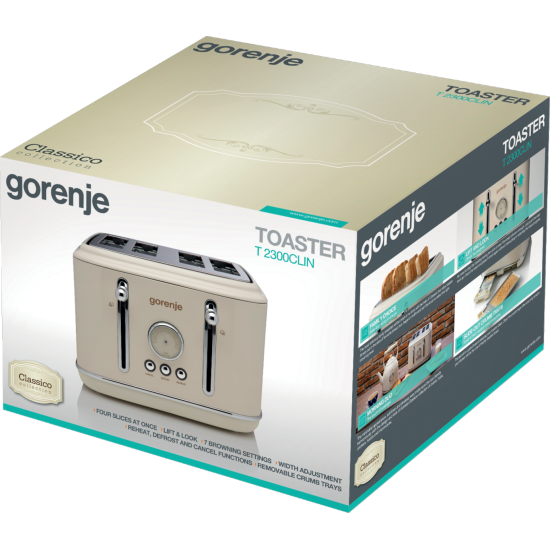 Gorenje T2300CLIN elefántcsont színű retro 4 szeletes kenyérpirító kiolvasztás, melegítő funkcióval