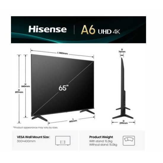 Hisense 65A6Q 4K UHD Smart LED TV, 65", 165.1 cm 