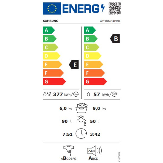 Samsung WD90T634DBH/S6 mosó-szárítógép, 9/6kg, inverter motor, Wifi, gőz, 60x65x85 cm