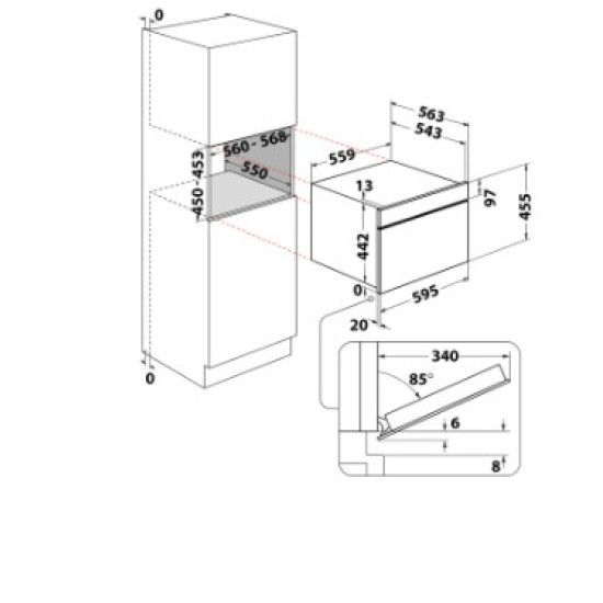 Whirlpool WCW9O7PHTSB beépíthető kompakt sütő és mikró, 53L, Crisp funkció, 950W, 55.9x54.3x45.5 cm, fekete szín 