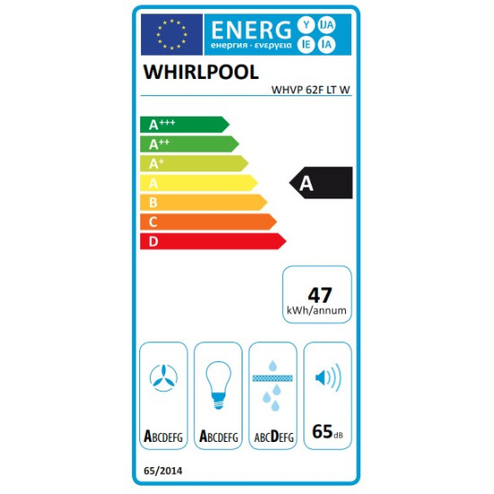 Whirlpool WHVP 62F LT W beépíthető falra szerelhető döntött kürtös konyhai elszívó, 59.8x19.2x71 cm, fehér szín 