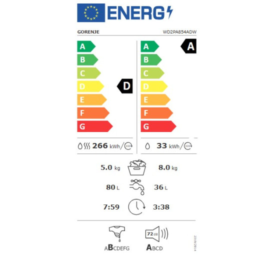 Gorenje WD2PA854ADW mosó-szárítógép, 8/5 kg, inverter motor, Wifi, gőz, 59.5x51x84.5 cm 