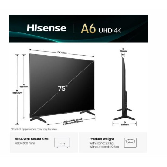 Hisense 75A6Q 4K UHD Smart LED TV, 75", 190.5 cm