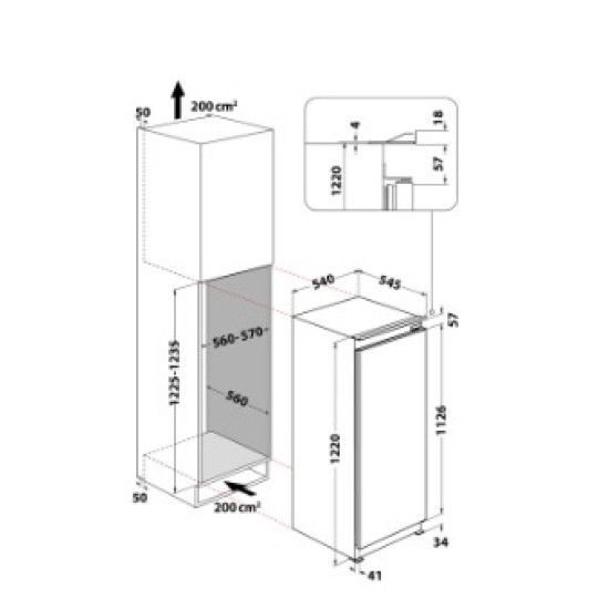 Whirlpool ARG 86122 beépíthető egyajtós hűtőszekrény fagyasztóval, 171/18L, 54x54.5x122 cm, inox szín 