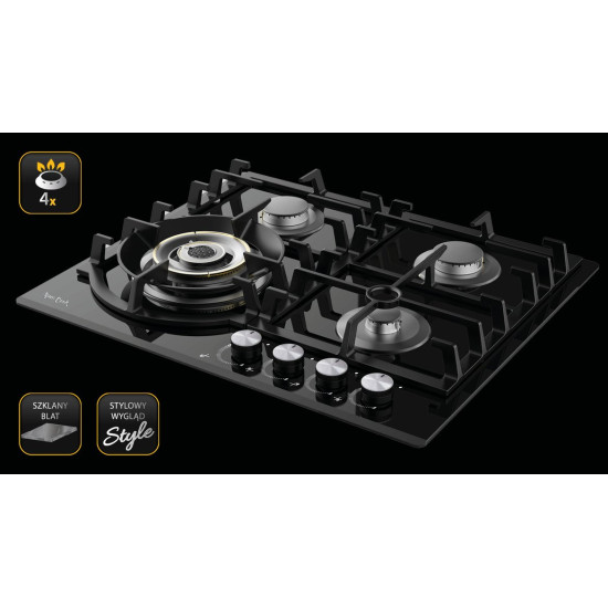 Sam Cook Vulcano PSC-VH-1060 beépíthető fekete üveg, gáz főzőlap, vulkán kővel ellátott WOK égővel, katalitikus égési technológiával