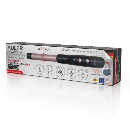 Adler AD 2120 vezeték nélküli hajsütővas, USB-ről tölthető, 24mm átmérő 