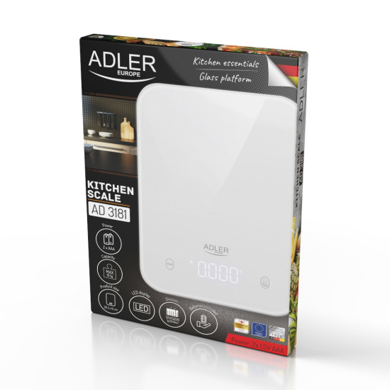 Adler AD3181W digitális konyhai mérleg, 10kg-os méréshatárral, fehér szín 