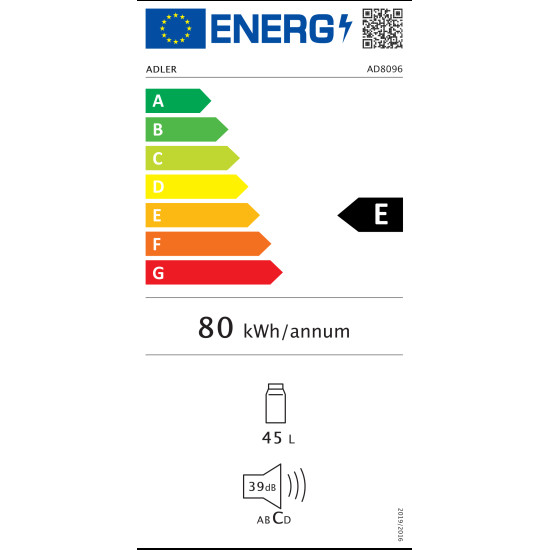 Adler AD8096 egyajtós mini hűtőszekrény, 45L, 45x45x49.5 cm 