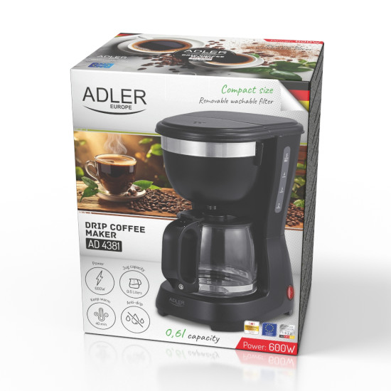 Adler AD4381 filteres tea-kávéfőző, 0.6L, 600W, fekete szín 