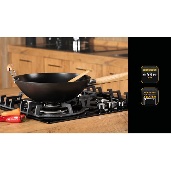 Sam Cook Vulcano PSC-VH-1060 beépíthető fekete üveg, gáz főzőlap, vulkán kővel ellátott WOK égővel, katalitikus égési technológiával