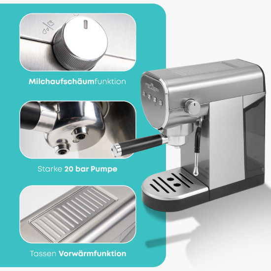 Proficook PC-ES/KA 1265 presszó kávéfőző 2az1 ben kompatibilis Nespresso kávékapszulával, tejhabosító funkció, 1360W, inox szín 